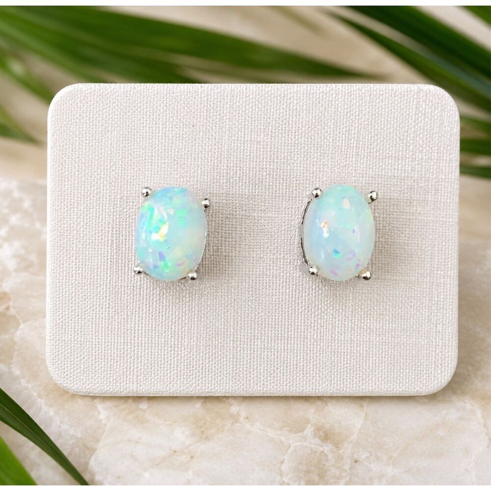 Iridescent Oval Simulated Opal Studs October Birthstone